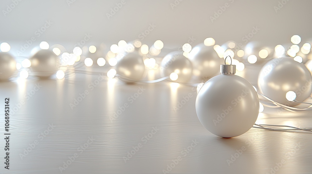 Elegant white Christmas ornaments with soft glowing lights on a white background.