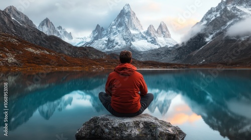 An adventurer in a red jacket sits on a rock, contemplating the breathtaking snow-capped peaks across a pristine lake, embodying exploration and awe. photo