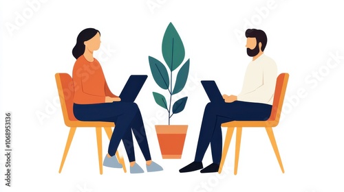 Two individuals sit opposite each other, working on laptops, with a vibrant plant between them, embodying a collaborative workspace environment.