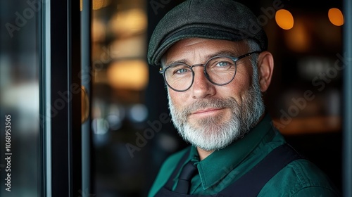 An elegant man with a white beard and round glasses wearing a flat hat poses indoors, captured in a soft focus, blending modern and classic charm.