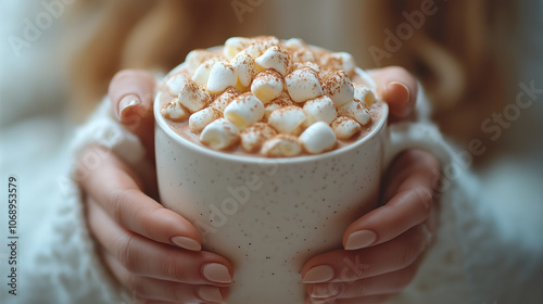 a pair of hands cradling a large, speckled ceramic mug filled with hot chocolate, topped generously with marshmallows and a sprinkle of cocoa powder. The hands are positioned centrally, drawing attent photo