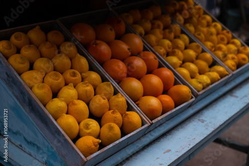 Lemons and oranges. Yellow and orange. Supermarket counter. Thanksgiving day. Tropical fruits. Vegetarian food. Strengthening immunity. Natural vitamins against colds and flu. Healthy food. photo