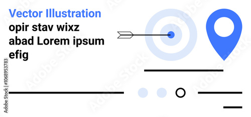 Bullseye target, arrow in center, blue location pin, black lines, and filler text in black. Ideal for navigation, goals, success, targeting, marketing, strategy, online content. Landing page