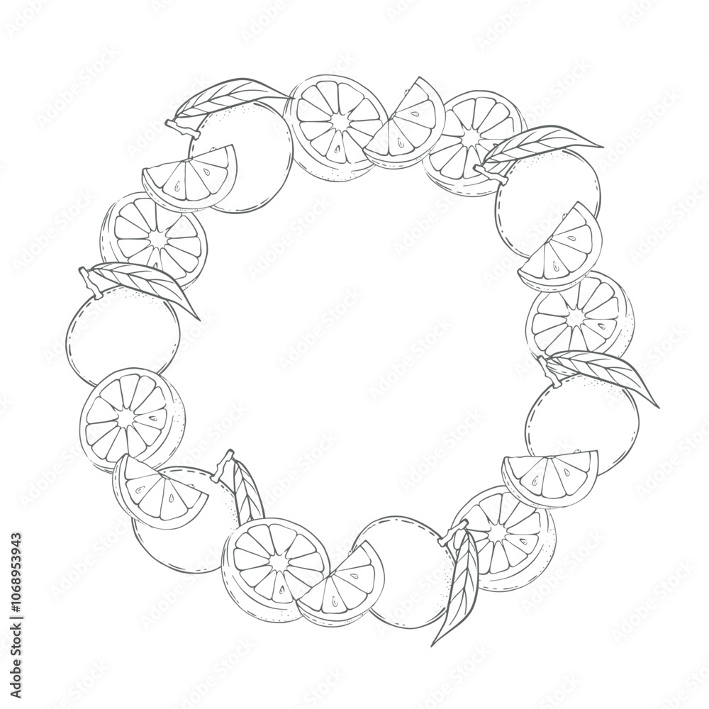 Vector Round frame of oranges, tangerines, citrus On white background. Ingredient for juice, mulled wine, recipes, jam, preserves, compotes. Harvest in the garden. Printing typography, textiles Vector Round frame of oranges, tangerines, citrus On white background. Ingredient for juice, mulled wine, recipes, jam, preserves, compotes. Harvest in the garden. Printing typography, textiles