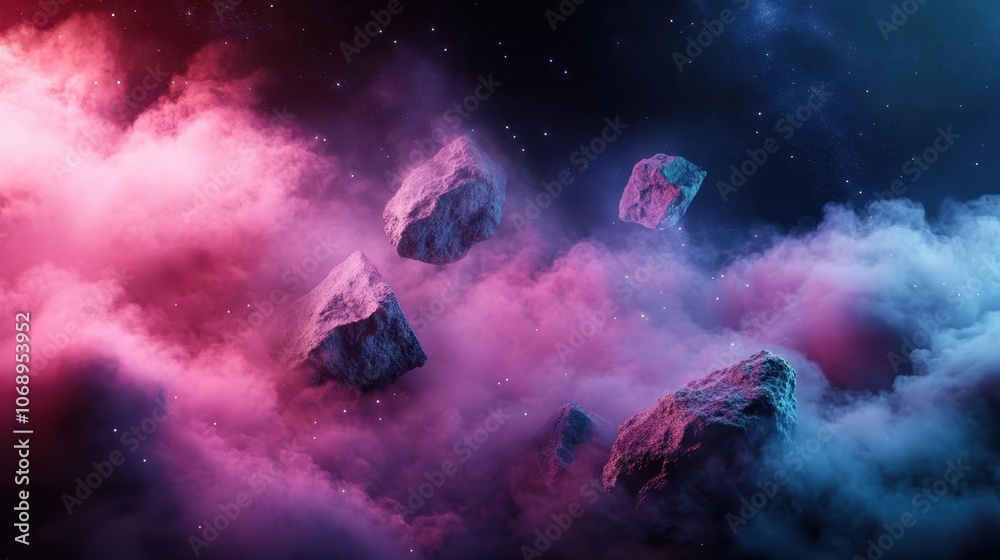 Rocks appear to float amidst pink and blue clouds in a cosmic setting, creating a visually striking interplay of colors and a sense of weightless wonder. Rocks appear to float amidst pink and blue clouds in a cosmic setting, creating a visually striking interplay of colors and a sense of weightless wonder.