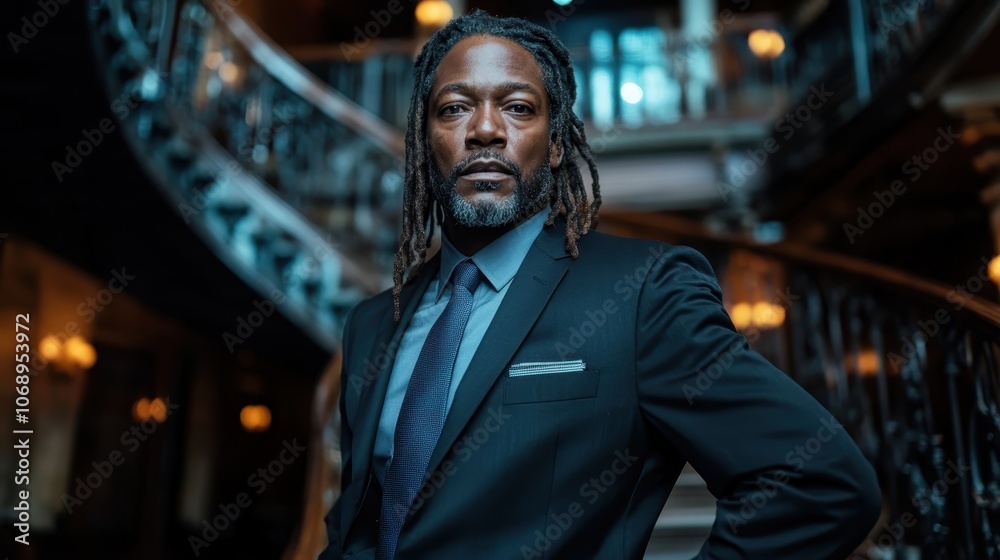 A businessman in formal attire stands on an ornate spiral staircase, exuding authority and focus, set against an opulent backdrop of classic architecture and lighting. A businessman in formal attire stands on an ornate spiral staircase, exuding authority and focus, set against an opulent backdrop of classic architecture and lighting.