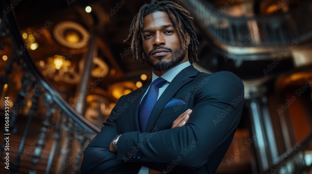 A serious man stands with crossed arms inside a lavish interior, emanating a presence of strong determination and leadership, against an intricate background design. A serious man stands with crossed arms inside a lavish interior, emanating a presence of strong determination and leadership, against an intricate background design.