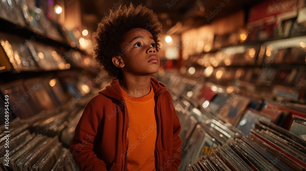 A curious child with a vibrant sense of wonder explores a nostalgic record store, surrounded by vinyl records, engaging with the charm of music's timeless allure. A curious child with a vibrant sense of wonder explores a nostalgic record store, surrounded by vinyl records, engaging with the charm of music's timeless allure.
