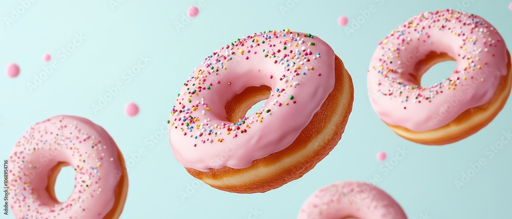 Colorful donuts with pink icing and sprinkles, floating against a soft background. Colorful donuts with pink icing and sprinkles, floating against a soft background.