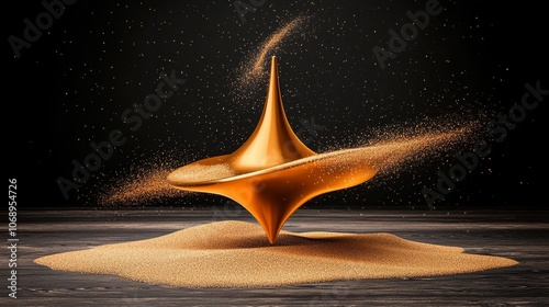 Golden Spinning Top on Sand with Black Background Abstract Art Luxury Concept Minimalism