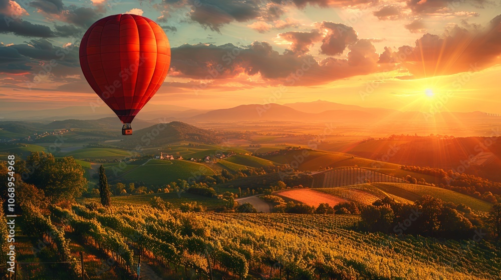 Obraz premium A vibrant oil painting of a colorful hot air balloon floating above a lush green valley at dawn. The soft pastel sky hints at the promise of a new adventure