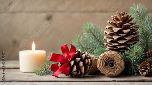 Rustic Holiday Log Slice Decor with Pinecones and Evergreen Accents photo