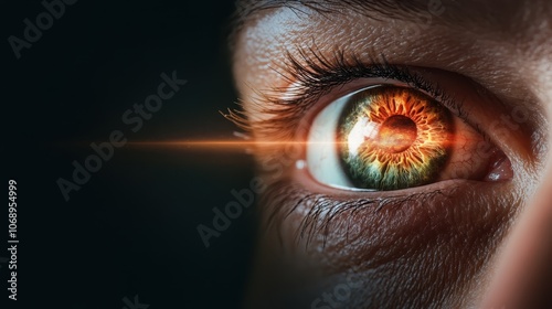 An eye radiates a fiery inner glow, illustrating intense focus and insight, set against a dark background, symbolizing vision and perception. photo