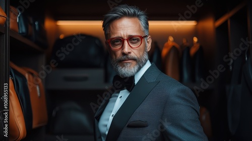 A refined gentleman in a tuxedo and red glasses stands confidently in an elegant interior, embodying sophistication, style, and a classic sense of fashion.