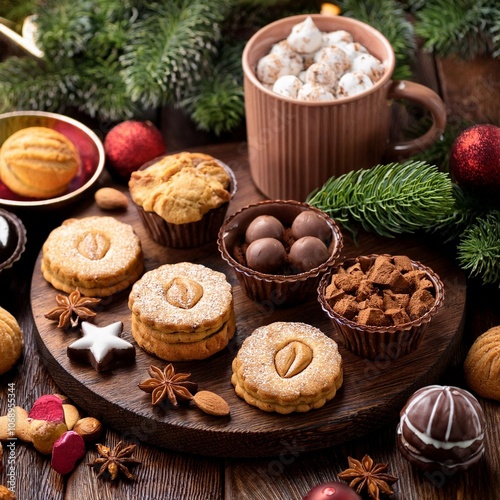 christmas holiday cookies and desserts table scene above view on a dark wood background cookies tarts chocolates and hot chocolate tray