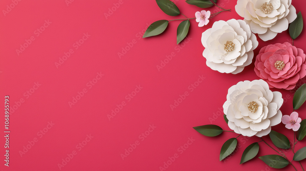 A vibrant arrangement of white and pink flowers with green leaves on a bold red background, creating an eye-catching floral design.