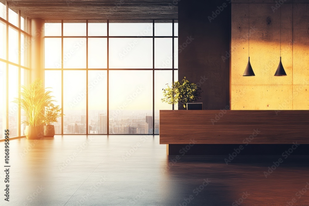 Modern reception area with large windows and sunset view. Modern reception area with large windows and sunset view.