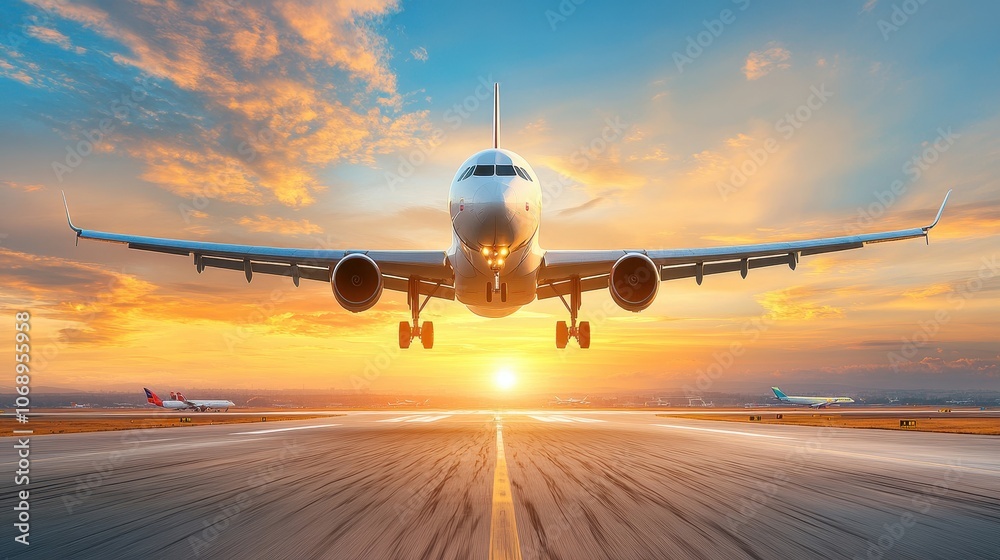 Aerial view of airport with multiple planes, complex runway network, aviation logistics Aerial view of airport with multiple planes, complex runway network, aviation logistics