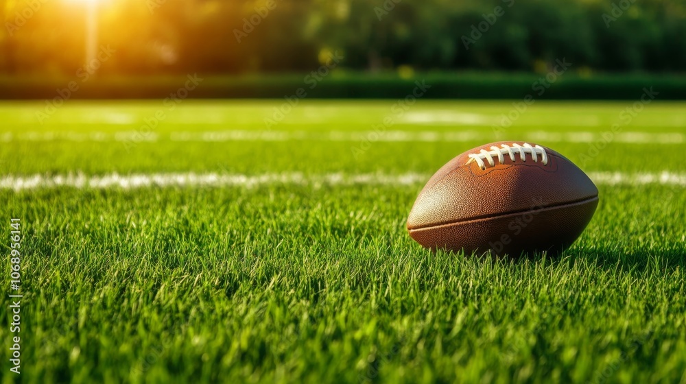 American Football on Green Grass Field with Yard Lines Sports Equipment Game Day Competition American Football on Green Grass Field with Yard Lines Sports Equipment Game Day Competition
