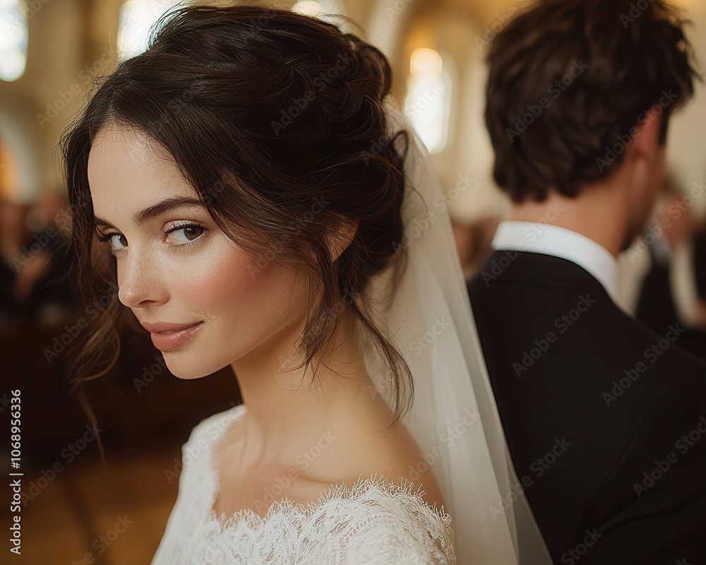 Elegant Bride with Romantic Expression at Wedding Ceremony Elegant Bride with Romantic Expression at Wedding Ceremony