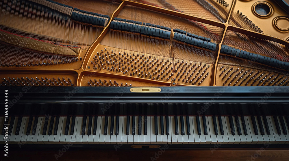 A close-up view of a grand piano's keys and inner mechanics in a music studio A close-up view of a grand piano's keys and inner mechanics in a music studio