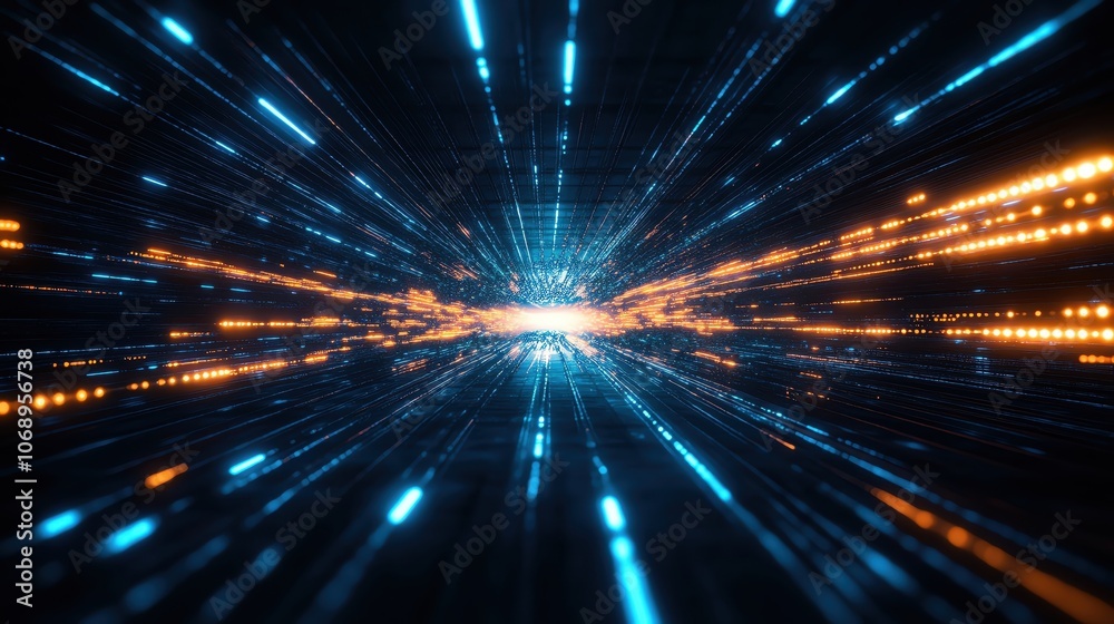 Futuristic digital light streaks, blue and orange on a dark background. Futuristic digital light streaks, blue and orange on a dark background.