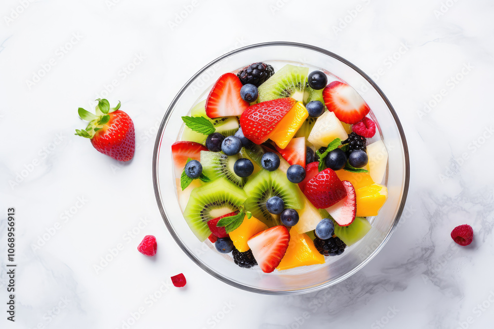 Vibrant Mixed Fruit Salad on a Marble Surface Vibrant Mixed Fruit Salad on a Marble Surface