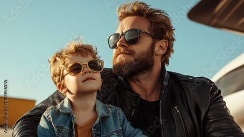 A father and son enjoy time together outdoors, both wearing cool sunglasses, highlighting a strong family connection under the bright, warm sunlight.