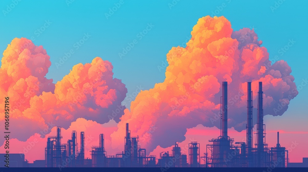 A vibrant industrial skyline silhouetted against colorful clouds, showcasing the contrast between technology and nature. A vibrant industrial skyline silhouetted against colorful clouds, showcasing the contrast between technology and nature.