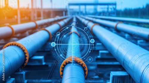 A series of industrial pipes with a digital overlay, showcasing advanced technology in pipeline management and monitoring.