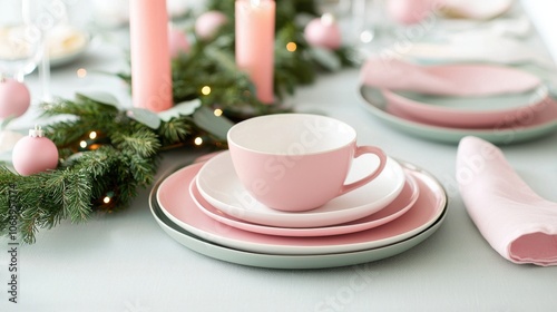 A beautifully set dining table with pastel pink dishes, candles, and decorative greenery, creating a warm and inviting atmosphere for a festive gathering.