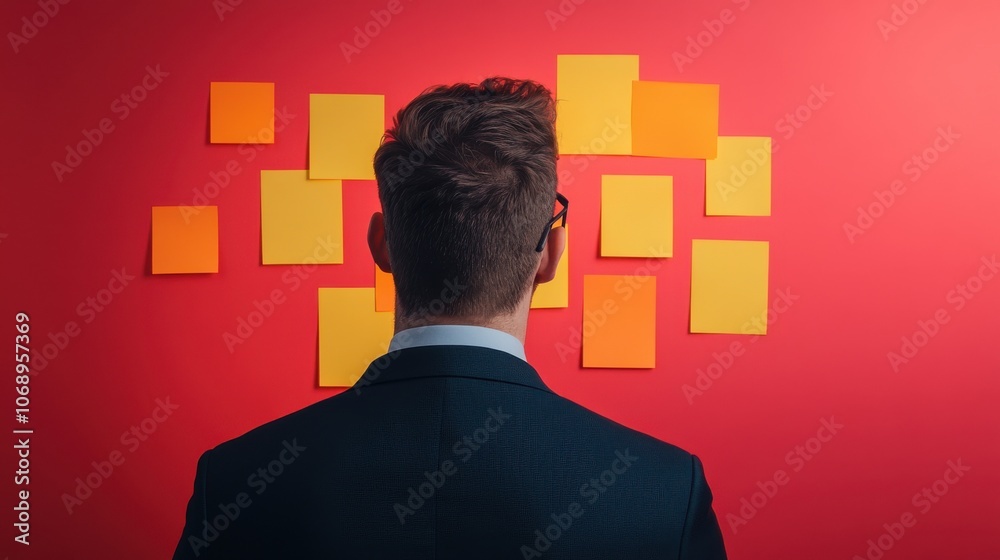 A person in a suit stands facing a wall with yellow sticky notes on a bright red background, indicating brainstorming or planning. Blank sticky note A person in a suit stands facing a wall with yellow sticky notes on a bright red background, indicating brainstorming or planning. Blank sticky note