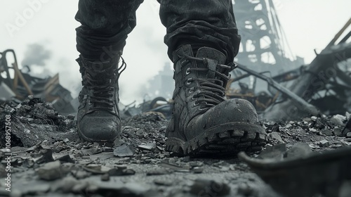 Post-Apocalyptic Dieselpunk Survival: Scavenger's Boots Trampling Debris in a Dystopian Wasteland