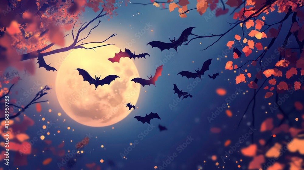 Bats flying against a full moon with autumn leaves in a mystical night setting.