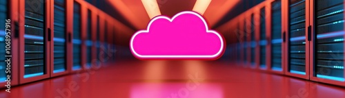 A vibrant digital scene featuring a pink cloud symbol in a futuristic server room, highlighting themes of technology and data storage.