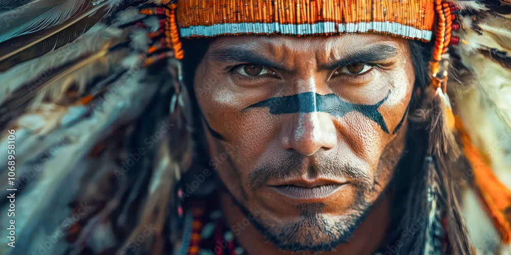 Close-up portrait of a Native American man wearing a traditional feathered headdress with intricate beadwork, looking intensely at the camera. Close-up portrait of a Native American man wearing a traditional feathered headdress with intricate beadwork, looking intensely at the camera.
