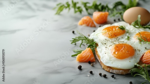 A delicious open-faced sandwich featuring sunny-side-up eggs, slices of salmon, and fresh arugula on a toasted slice of bread, garnished with pepper. photo