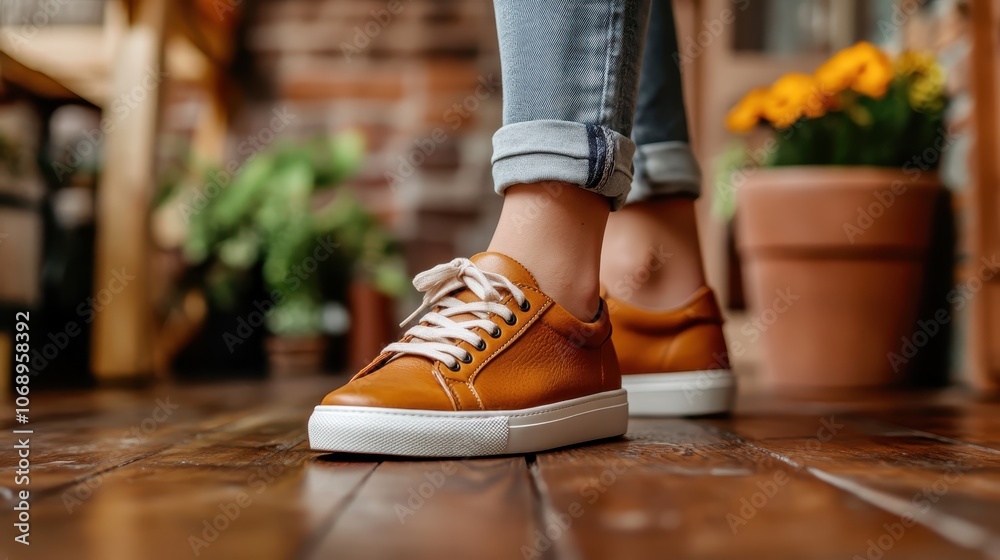 A close-up view of stylish brown sneakers worn by a person standing on a wooden floor, emphasizing comfort and casual fashion, complemented by warm tones. A close-up view of stylish brown sneakers worn by a person standing on a wooden floor, emphasizing comfort and casual fashion, complemented by warm tones.