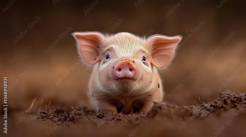 A cute piglet stands earnestly in a field, surrounded by blurred earthy tones, giving a heartwarming feel to the tranquil natural setting. A cute piglet stands earnestly in a field, surrounded by blurred earthy tones, giving a heartwarming feel to the tranquil natural setting.