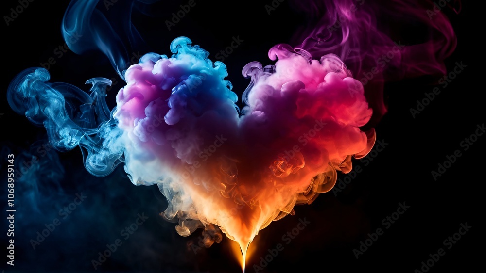 Abstract heart shape created from colorful smoke with a fiery glow in a striking dark background Abstract heart shape created from colorful smoke with a fiery glow in a striking dark background