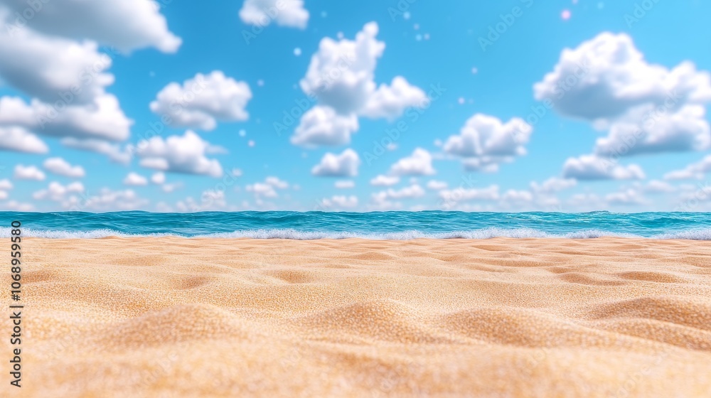Naklejka premium Sandy Beach with Blue Ocean and White Clouds Summer Vacation Background