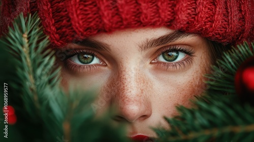 A striking image of eyes peeking from beneath a red hat, surrounded by green foliage and red ornaments, creating a sense of mystery and warmth.