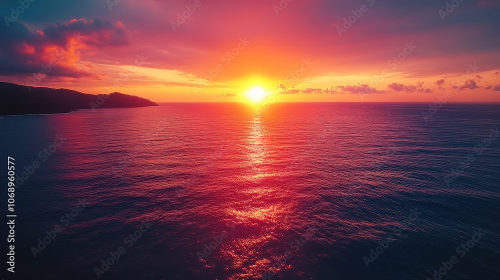 A vibrant sunset over the ocean, with a fiery sky and a glowing sun reflecting on the water. A vibrant sunset over the ocean, with a fiery sky and a glowing sun reflecting on the water.
