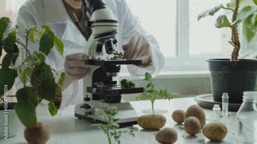 A scientist in a lab coat examining a potato plant under a microscope, with various potato samples and research tools on a clean white table. The background 