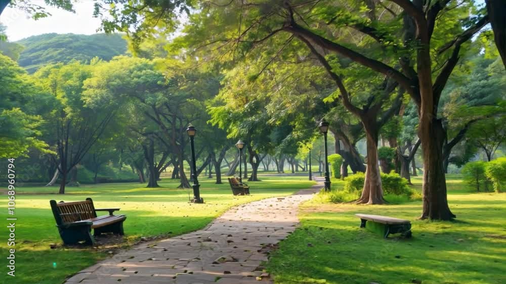 Tranquil Outdoor Pathway in Serene Park Surrounded by Lush Trees and Benches, Where Sunlight Filters Through Greenery for Peaceful Nature Experience Tranquil Outdoor Pathway in Serene Park Surrounded by Lush Trees and Benches, Where Sunlight Filters Through Greenery for Peaceful Nature Experience