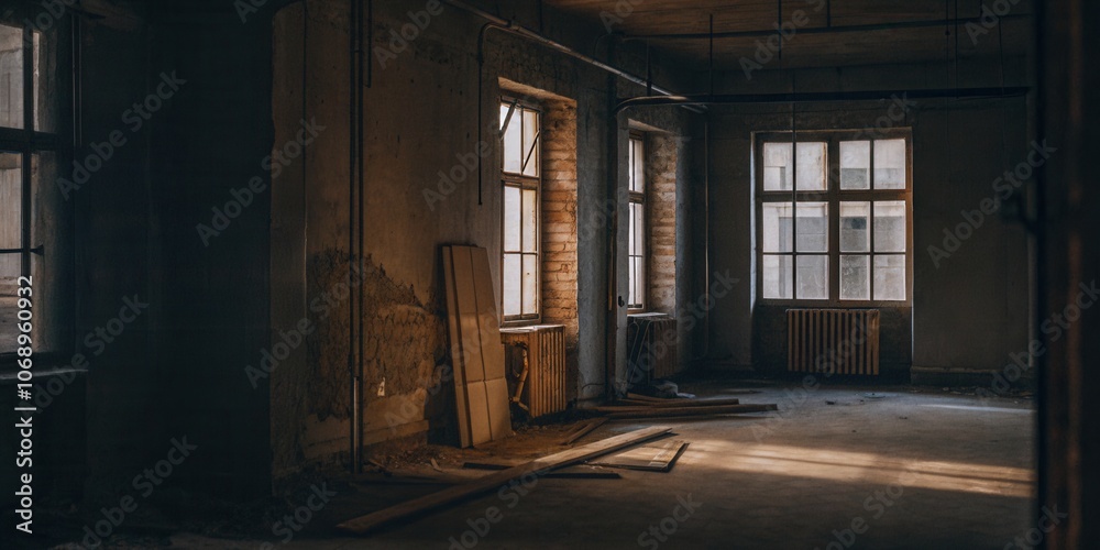 Empty Room in Abandoned Building with Sunlight Through Windows Empty Room in Abandoned Building with Sunlight Through Windows