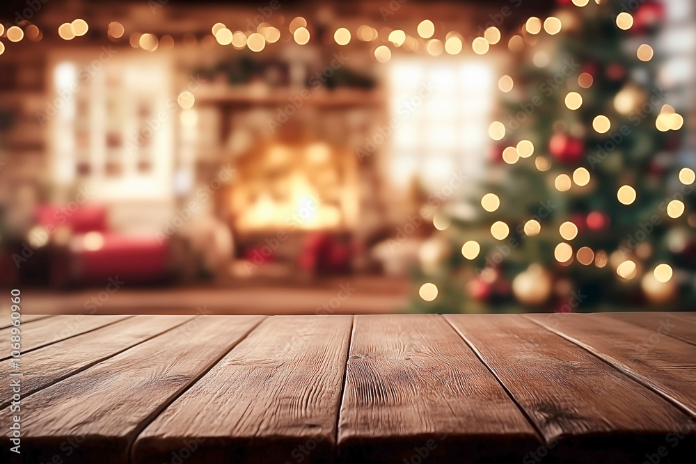 empty wooden table in the foreground and blurry festive interior with christmas tree and holiday lights in the background empty wooden table in the foreground and blurry festive interior with christmas tree and holiday lights in the background