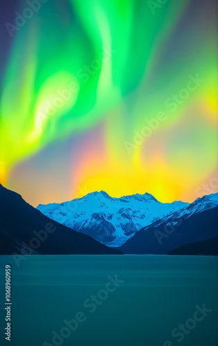 Stunning winter landscape: the night sky with the northern lights reflected in the water of a mountain lake. Night winter landscape with aurora. Borealis. photo