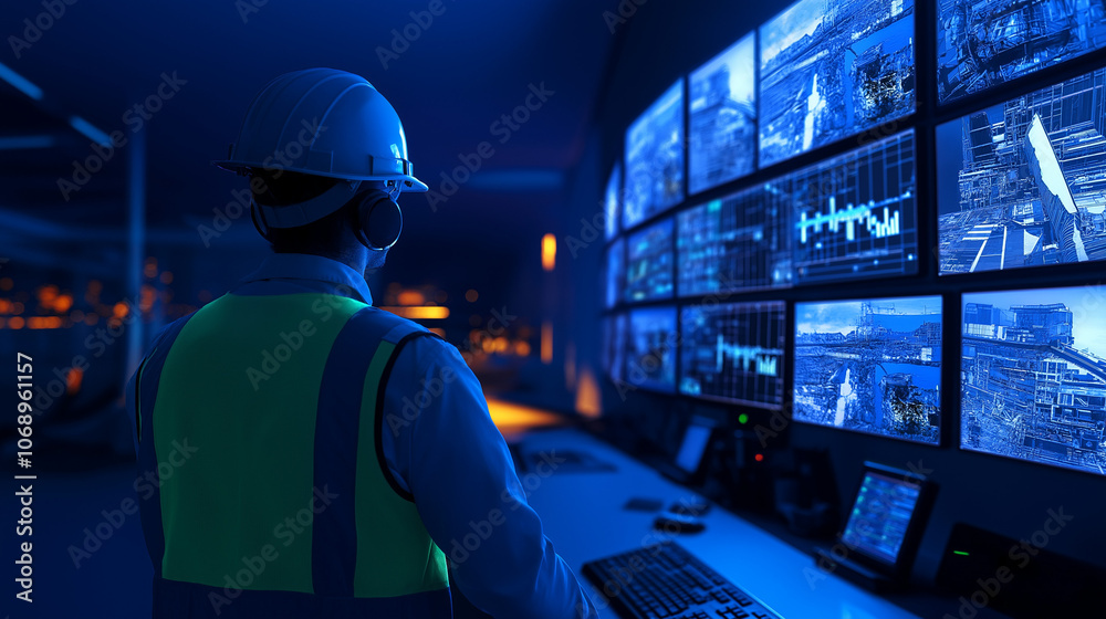 Modern Control Room Operator Surveilling Multiple Process Parameters Through Advanced Monitoring Systems Modern Control Room Operator Surveilling Multiple Process Parameters Through Advanced Monitoring Systems