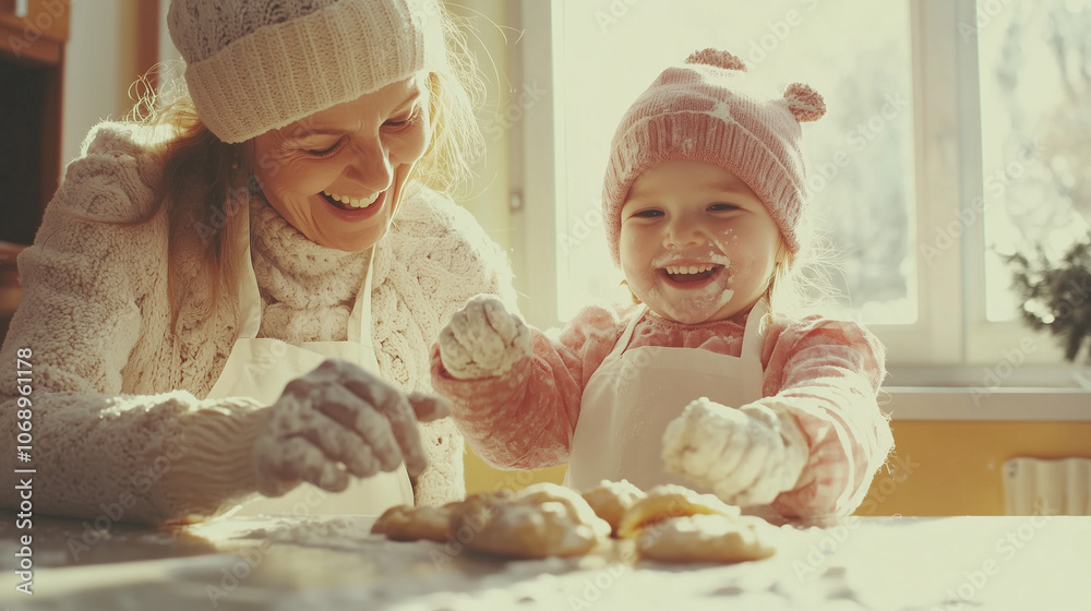 Grandmother and Granddaughter Baking Cookies Together in a Bright Kitchen Grandmother and Granddaughter Baking Cookies Together in a Bright Kitchen